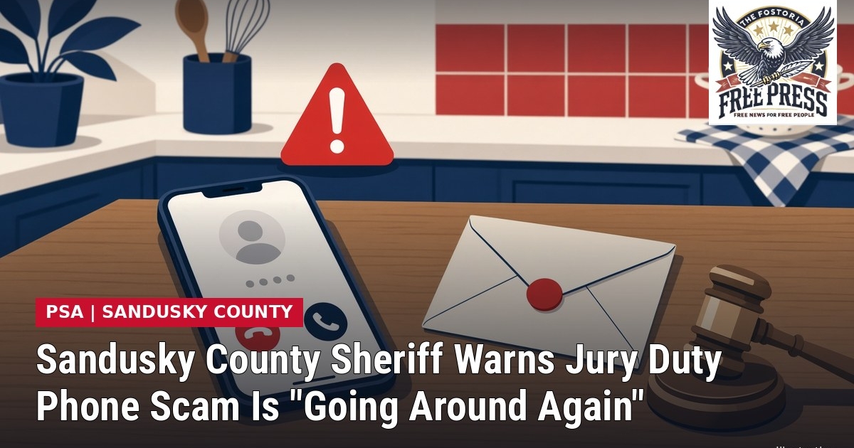 Fostoria News Sandusky County Sheriff warns about jury duty phone scam with warning icon.